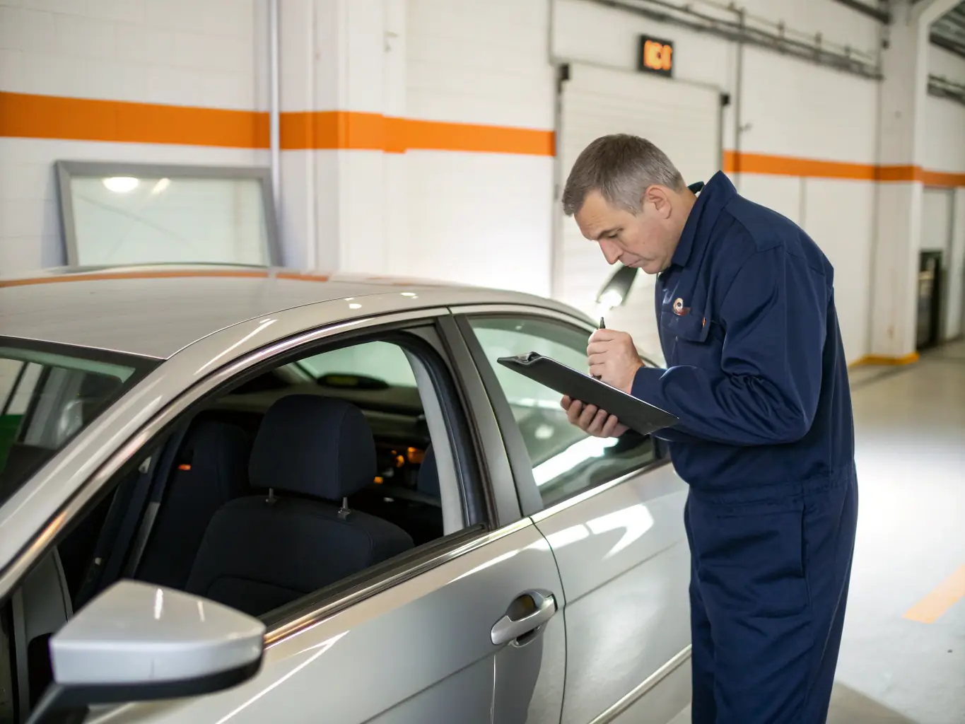 An experienced automotive appraiser inspecting a vehicle in a well-lit garage, using professional tools and equipment.