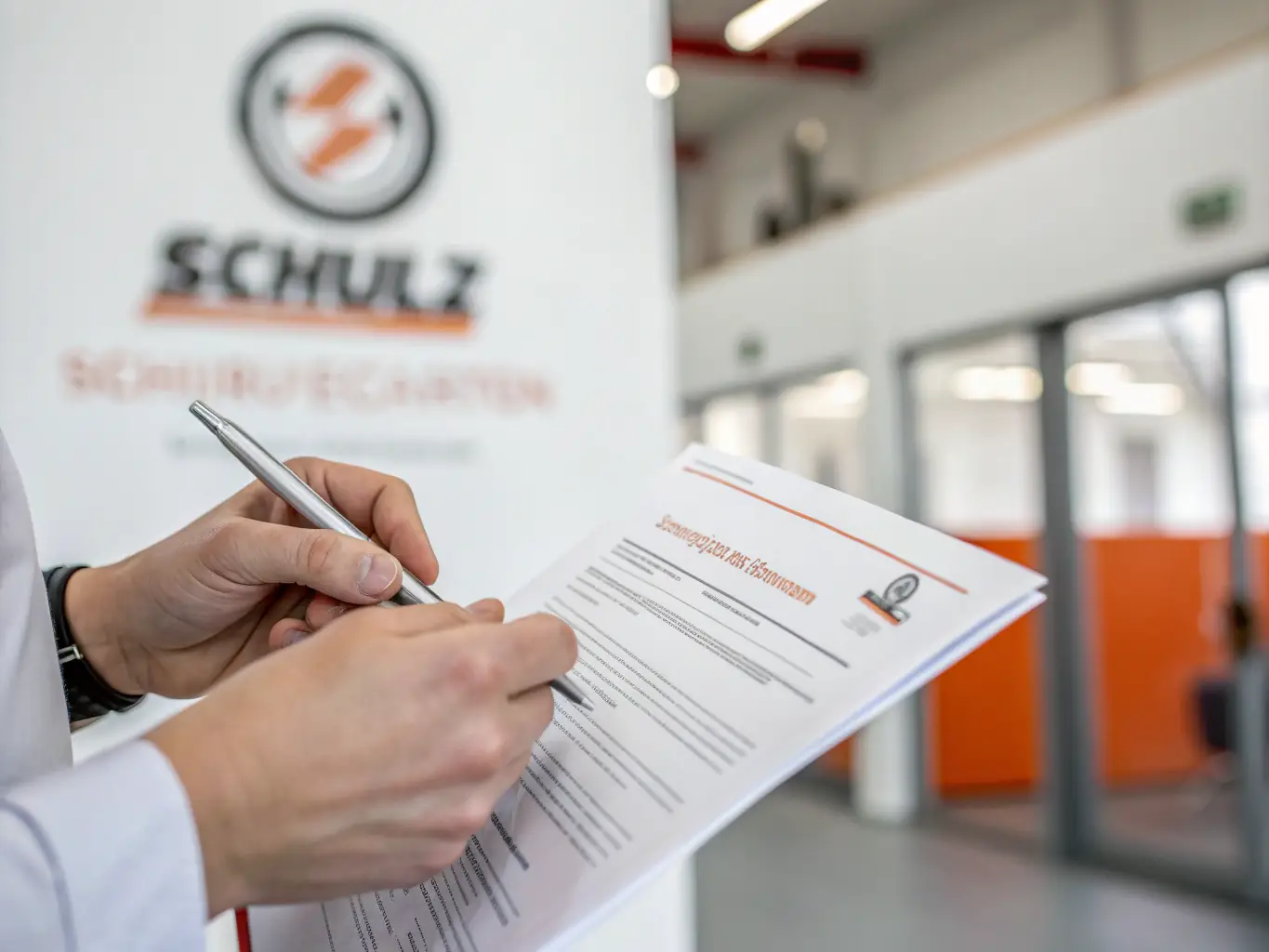 A close-up shot of an automotive appraiser holding a certification document, with the Schulz Ingenieurbüro Kfz-Gutachten logo subtly visible in the background.
