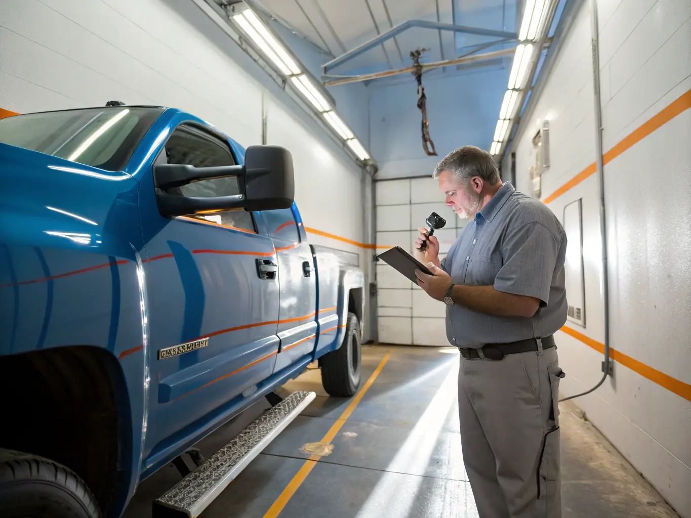 A modern truck being inspected by an appraiser in a well-lit garage, emphasizing the detailed valuation process.