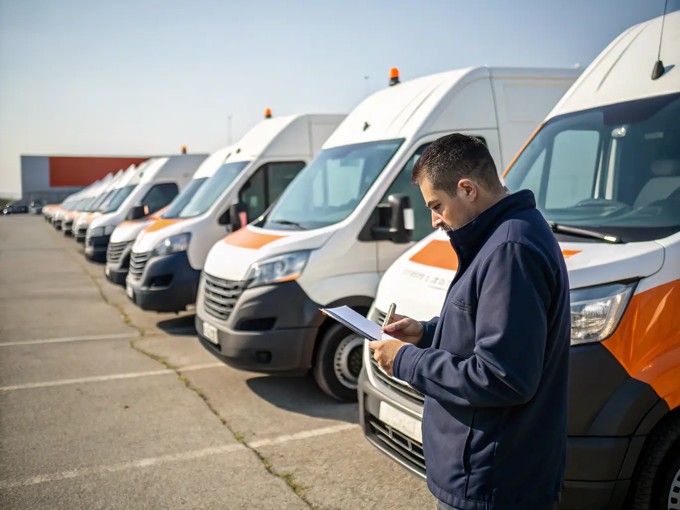 A fleet of commercial vehicles parked in a lot, with an inspector reviewing documents nearby, illustrating the fleet services offered.
