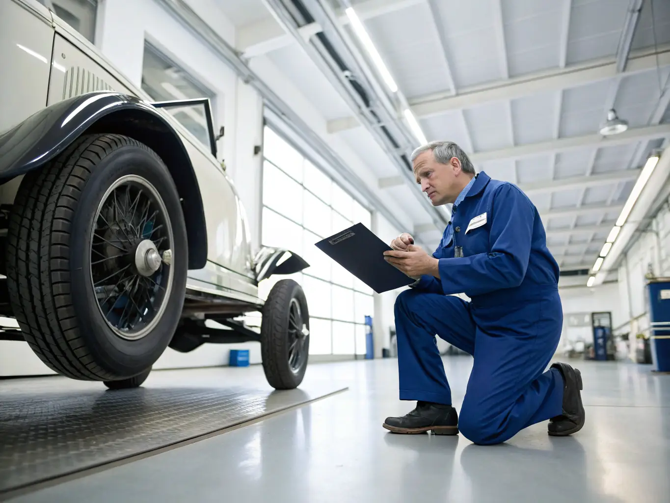 A modern van being inspected by an appraiser in a well-lit garage, emphasizing the detailed valuation process.