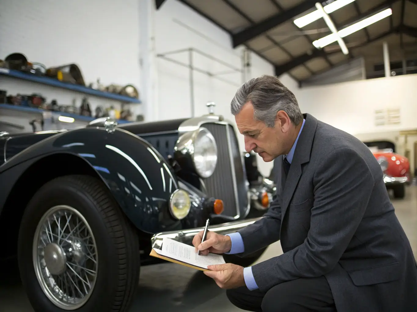 A modern passenger car being inspected by an appraiser in a well-lit garage, emphasizing the detailed valuation process.