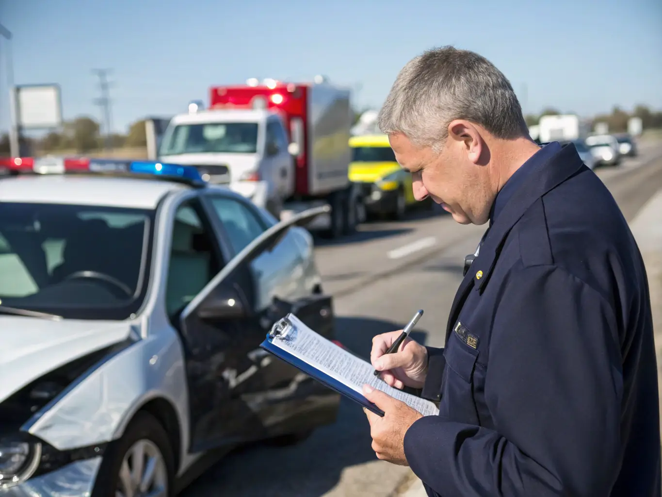 A professional automotive appraiser inspecting a damaged vehicle with a clipboard and camera, set against a clean, modern background, symbolizing the accident reports service.