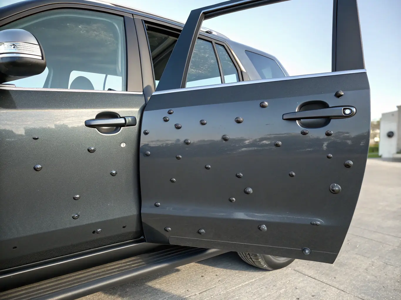 A detailed close-up shot of a damaged car panel, highlighting the precision required in accident reports, set in a professional garage environment.